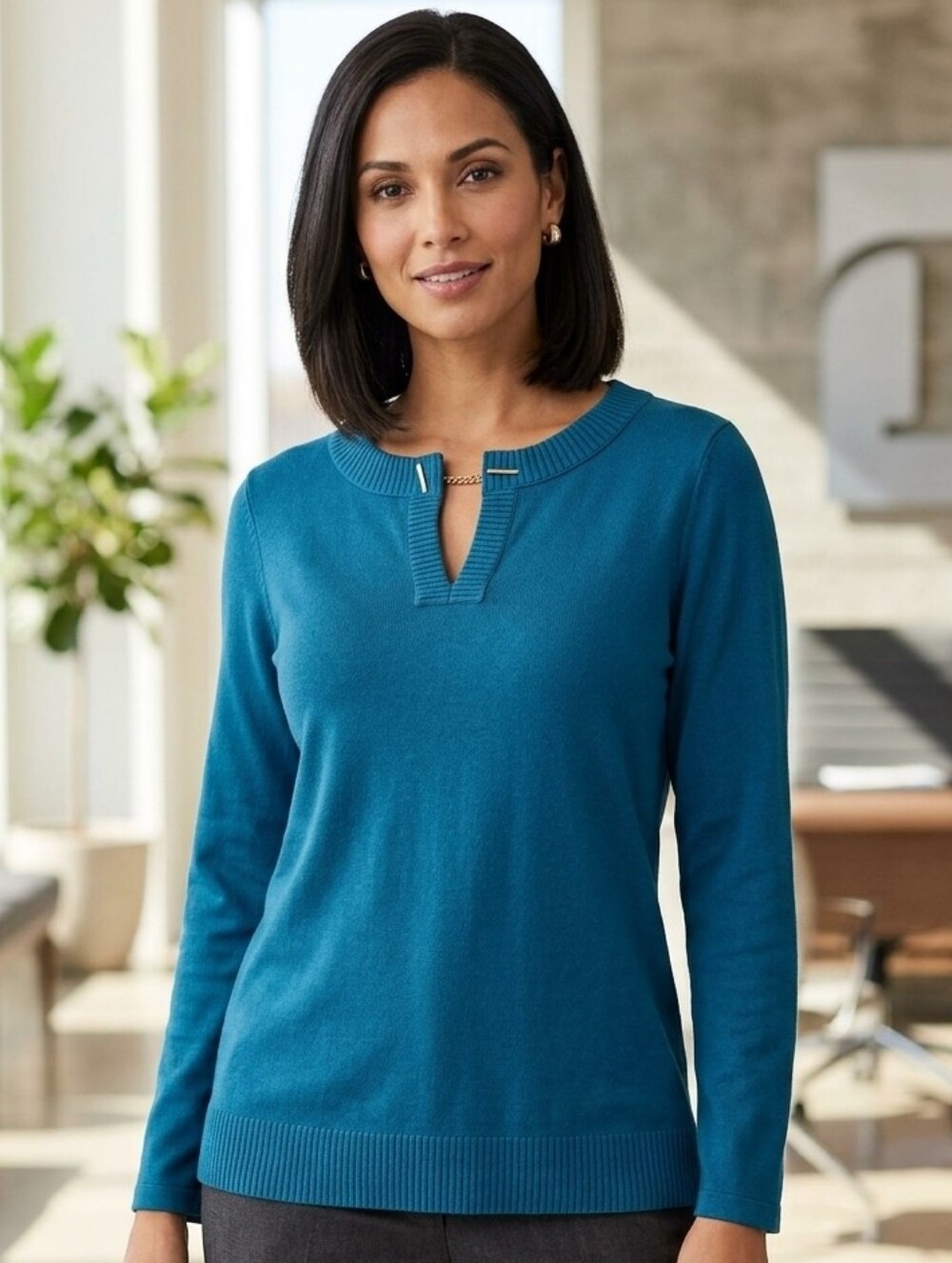 NWOT Rafaella Teal Blue Notch Neck Long Sleeve Top Sweater Gold Hardware Size L
